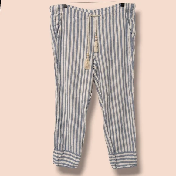 Faherty Blue Stripe Linen Blend Mid-Rise Drawstring Relaxed Pacific Beach Pant - Picture 2 of 12